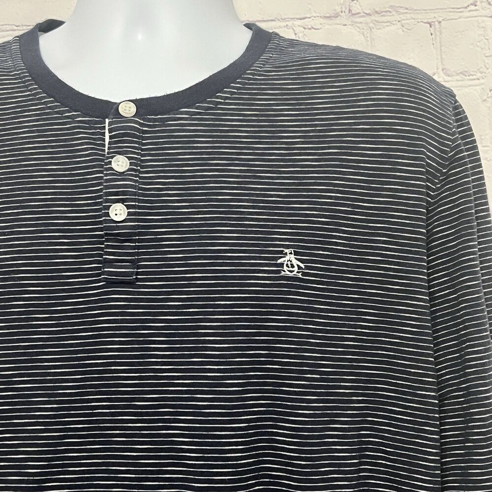 PENGUIN Navy Blue White Striped Henley Shirt XXL Short Sleeve Preppy Mens